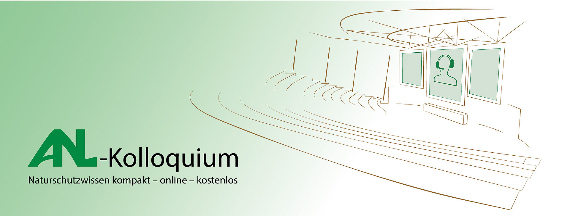 Stilisierter Hörsaal mit Logo des ANL-Kolloquiums mit der Aufschrift: Naturschutzwissen kompakt, online, kostenlos
